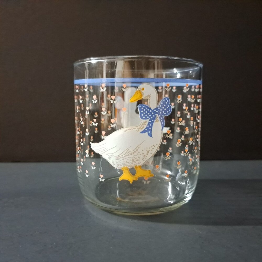 Libbey Country Goose Glass Tumbler 1980s Blue Bow Tulips 3 3/8" Vintage USA